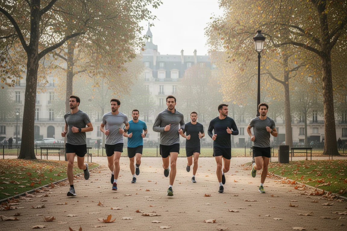 Gruppo di runner su una rilassante corsa di allentamento in un parco di una città europea