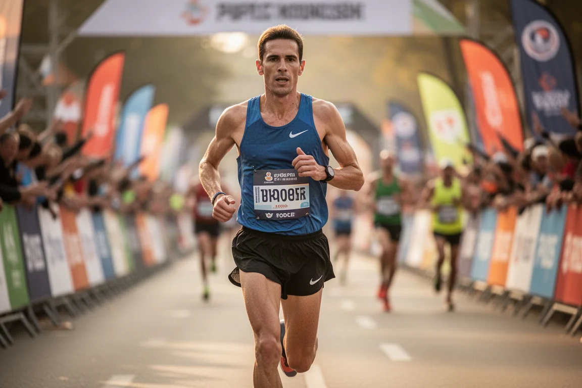 Maratoneta che si avvicina al traguardo con la folla che tifa