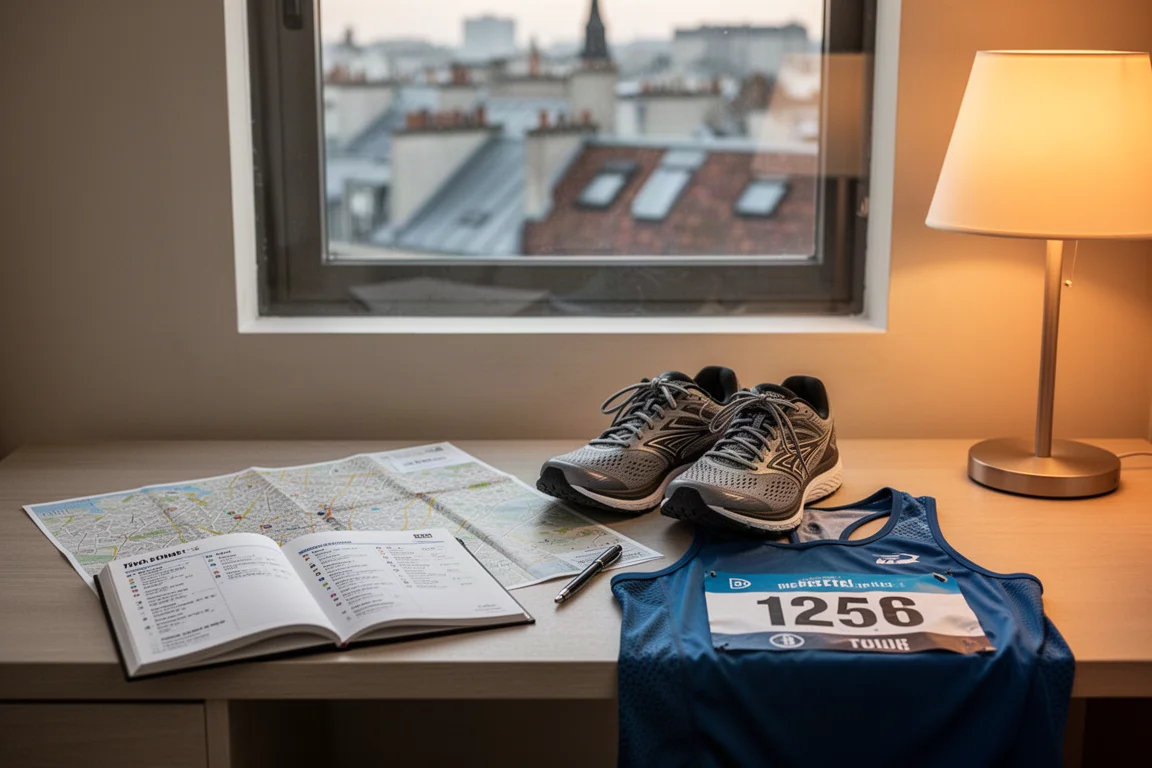 Viaggiatore che organizza l'attrezzatura da maratona su una scrivania d'hotel mentre pianifica un viaggio