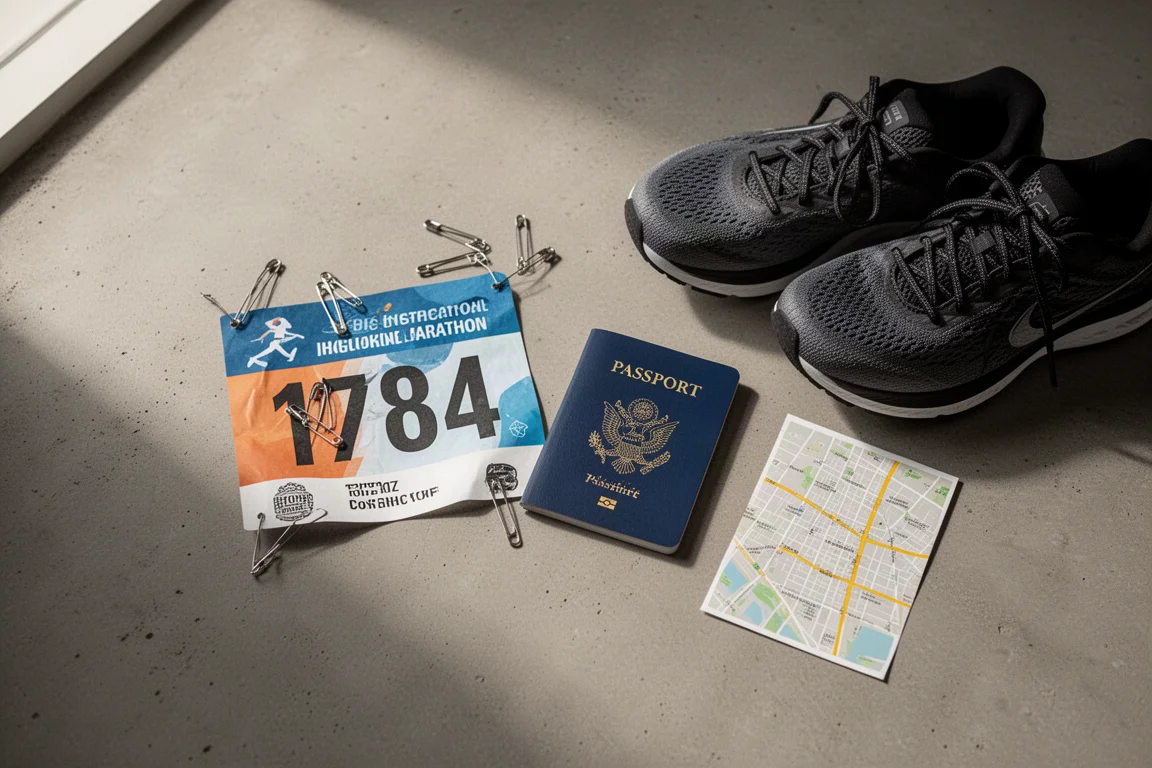 コンクリートの上にレースナンバー、パスポート、ランニングシューズ、都市の地図を並べて撮影したフラットレイ
