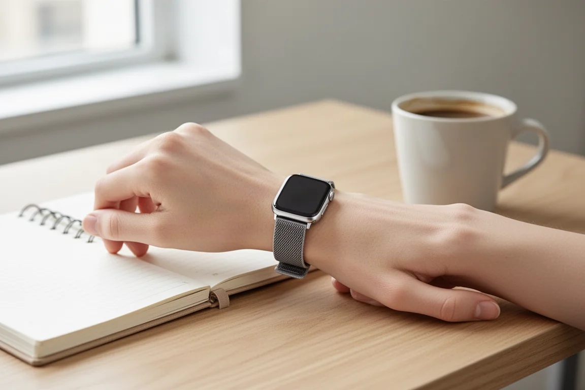 Smartwatch de moda compacto llevado en la muñeca en una oficina moderna y luminosa