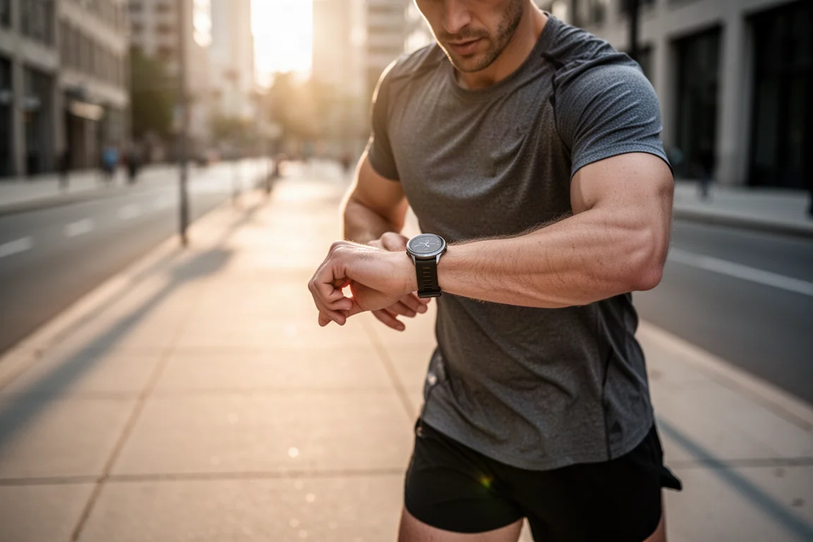 Corredor revisando un reloj deportivo antes de una carrera matutina en las calles de la ciudad