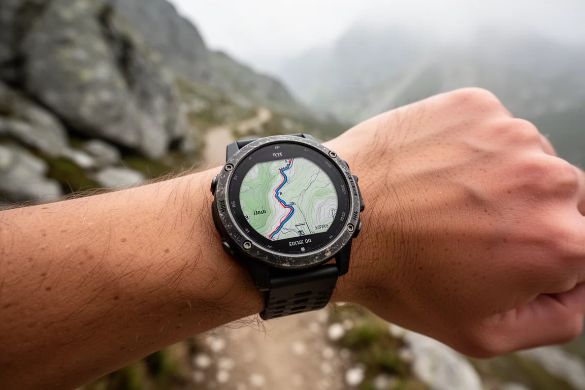 Atleta de trail navegando con un mapa sin conexión en un resistente reloj GPS