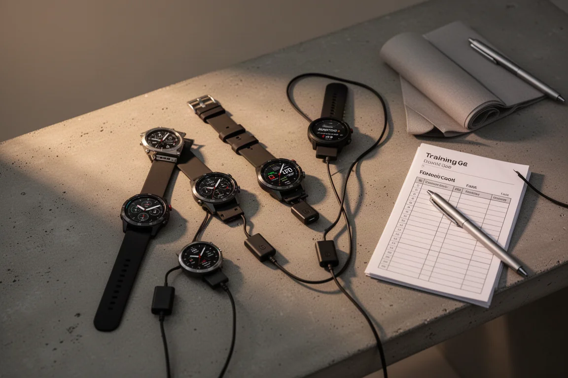 Colección de relojes deportivos cargando sobre un escritorio al final del año