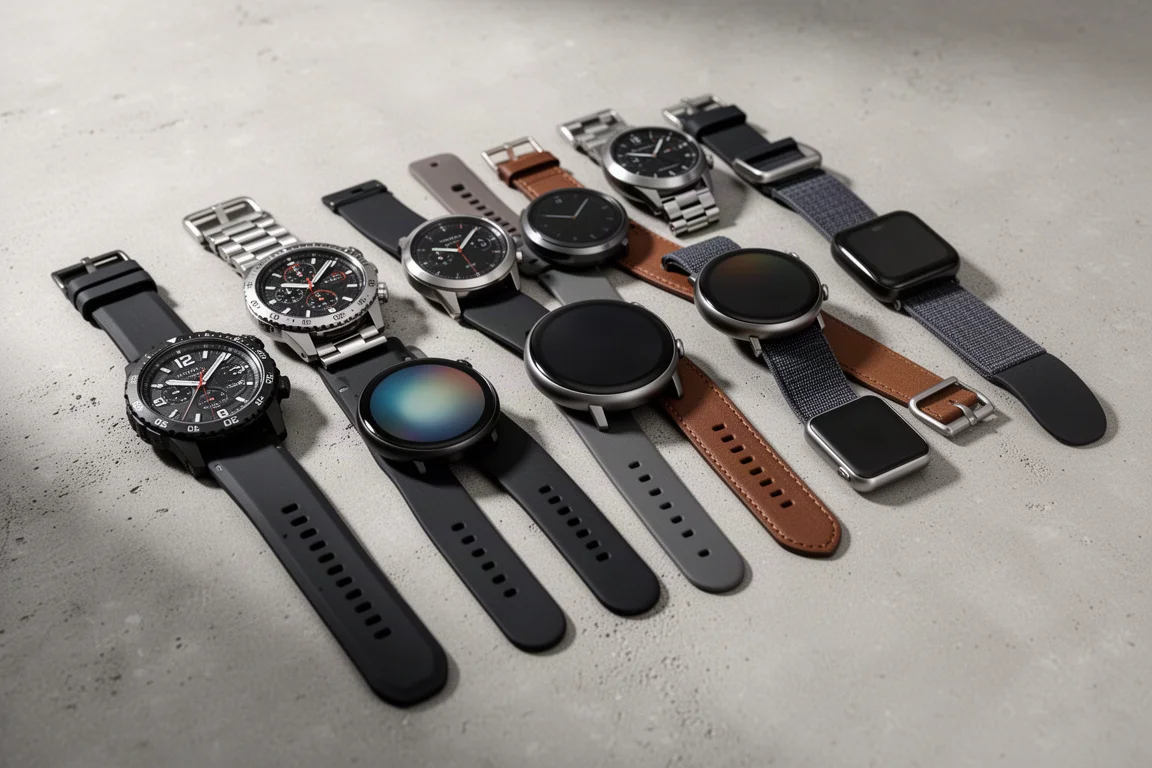 Flat-lay collection of sports watches and smartwatches on a concrete surface