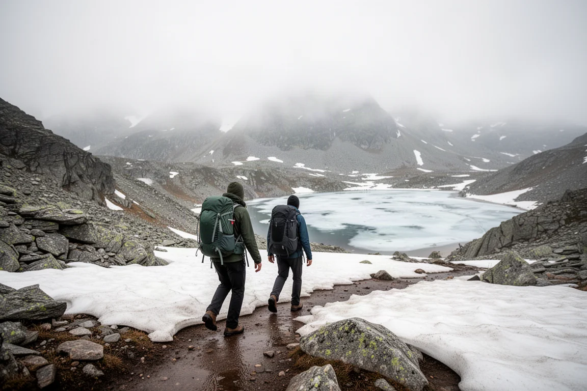 Backpacker che attraversa un campo di neve discontinua su un sentiero primaverile d'alta quota