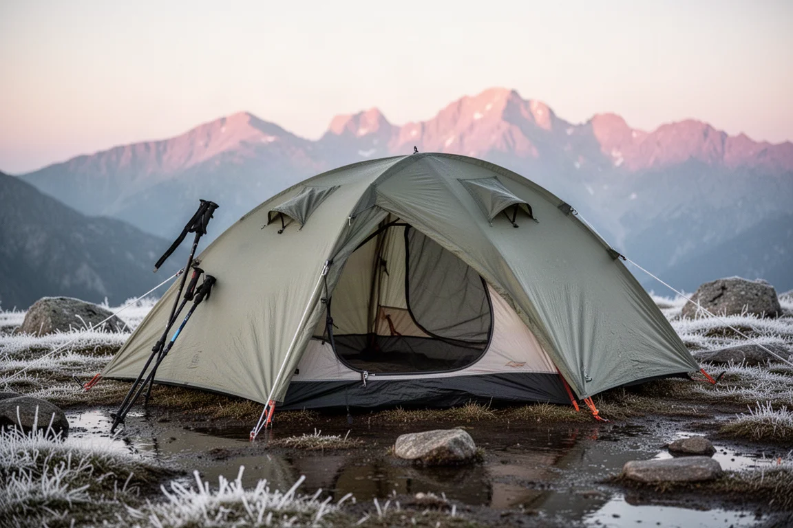 Tenda per una persona montata su terreno alpino ghiacciato all'alba