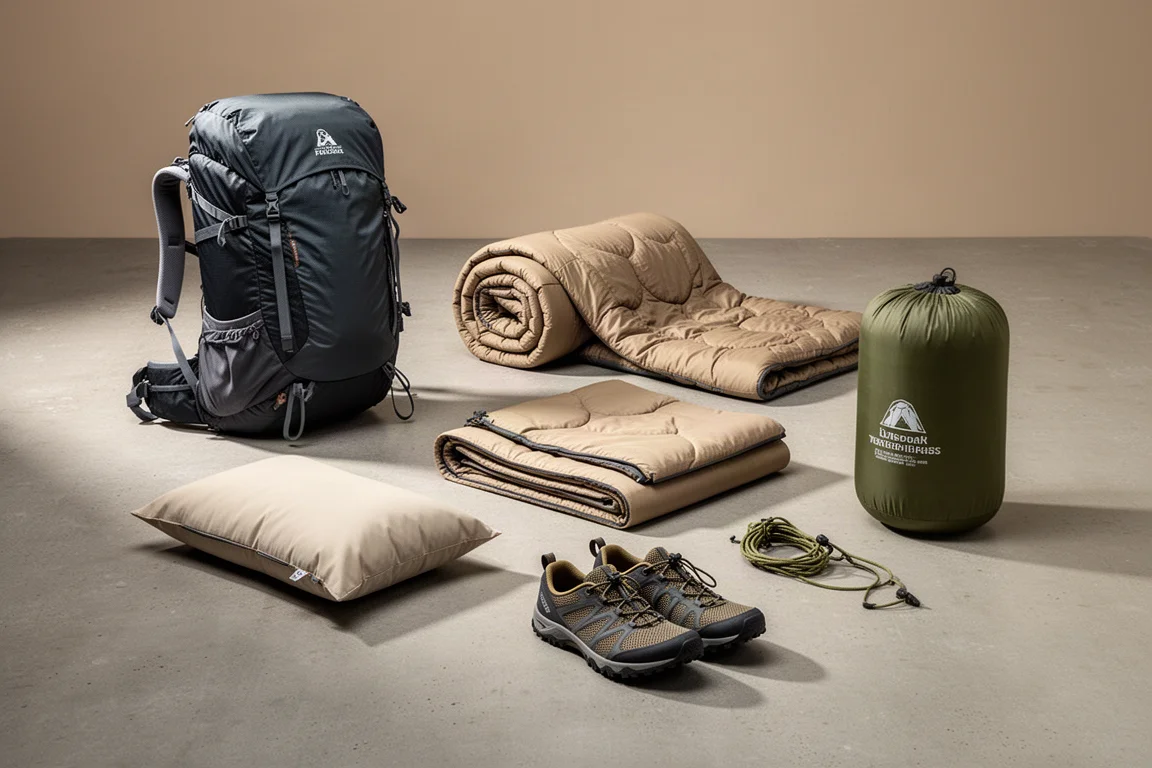 Spring backpacking gear arranged on a matte concrete surface