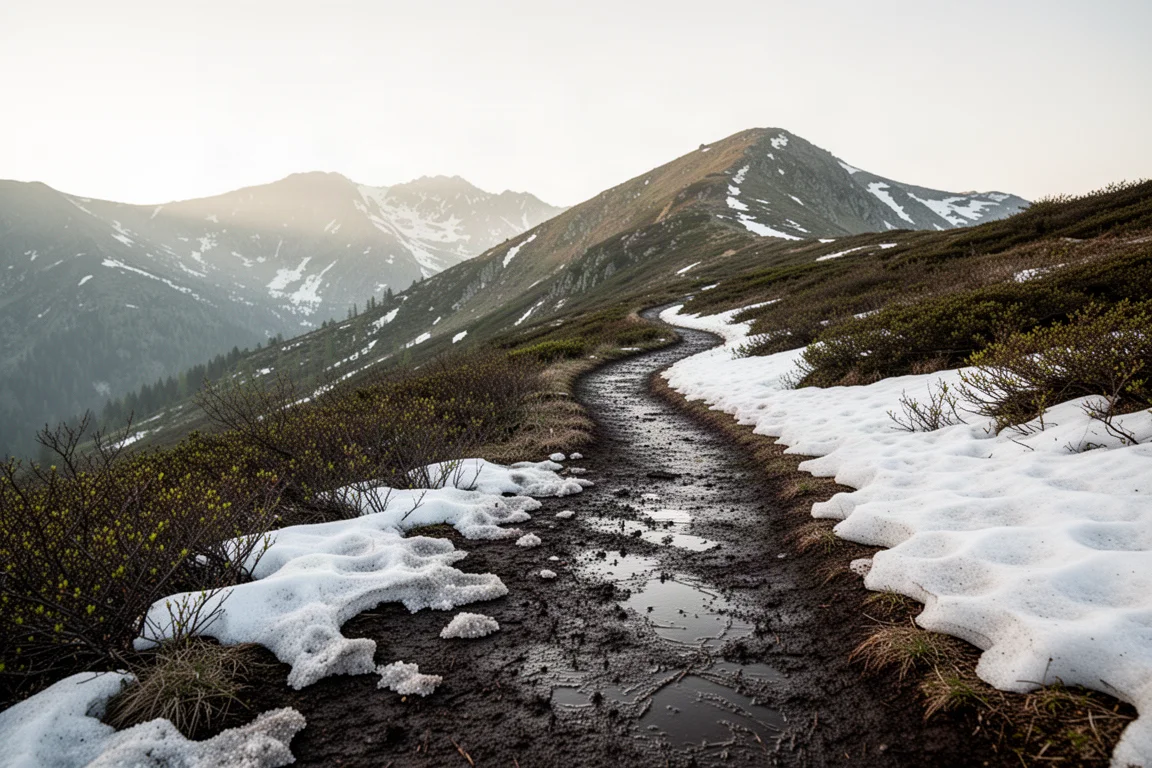 Spring alpine trail with melting snow patches and distant snow-dusted peaks