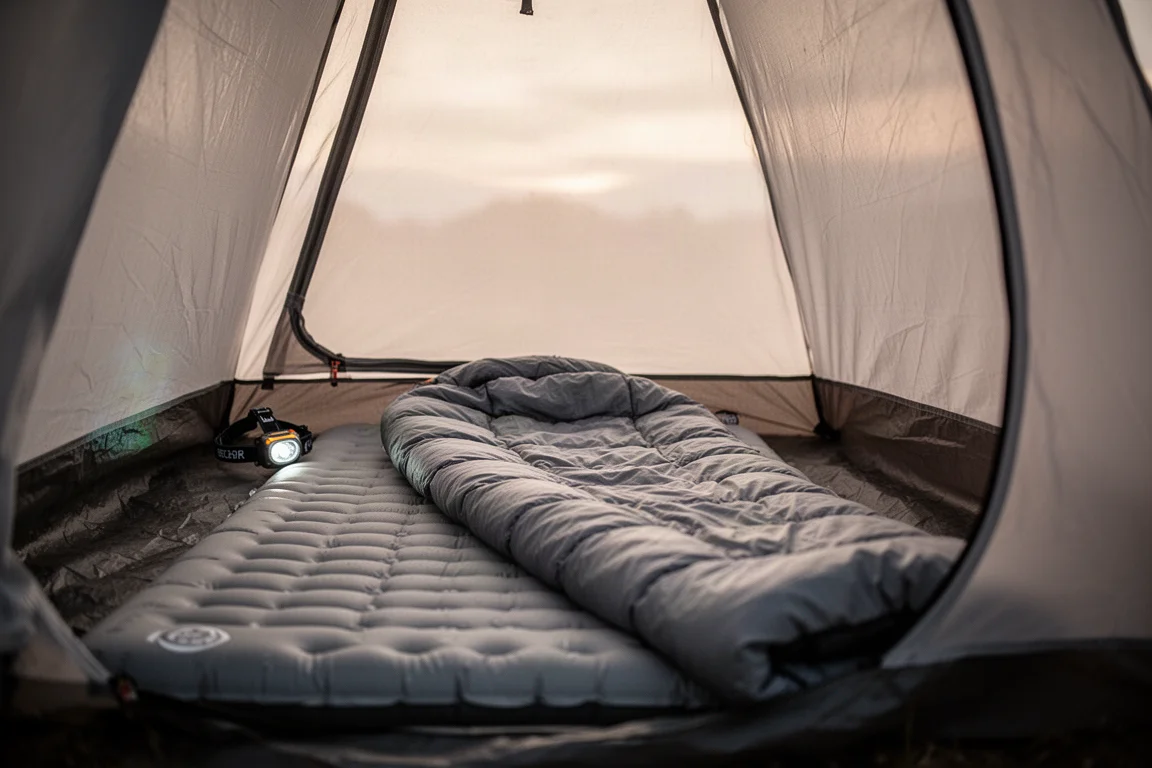 Interior of a small tent at dawn with an insulated sleeping pad and quilt laid out