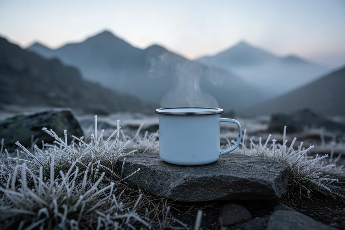 Frosty alpine camp at dusk with a steaming mug resting on a flat stone