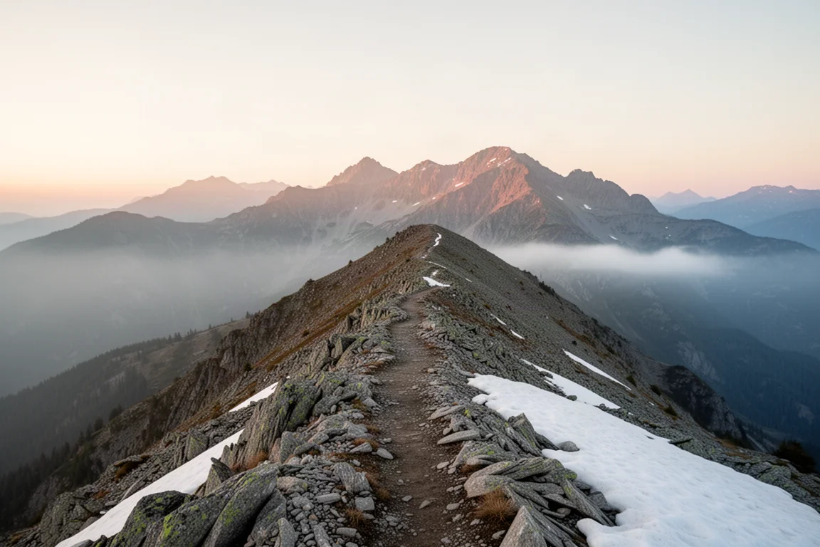 Rocky alpine ridge at sunrise with a faint footpath between snow patches