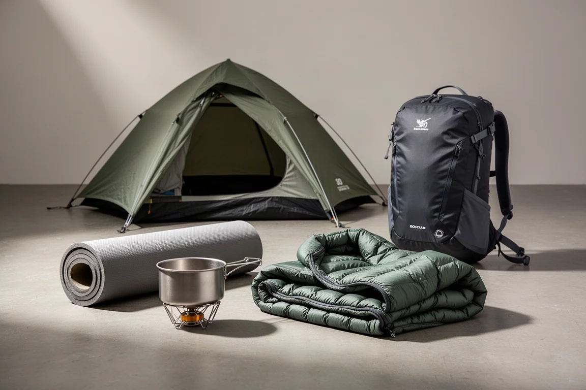 Backpacking tent, sleeping pad, cook pot, down jacket and 30 litre pack on a concrete surface