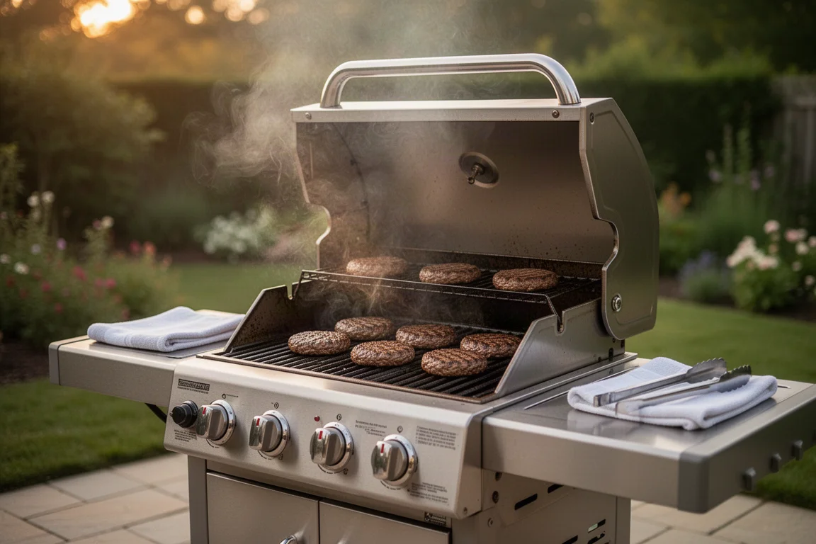 Grillowanie w ogrodzie, kotlety na grillu gazowym w ciepłym wieczornym świetle