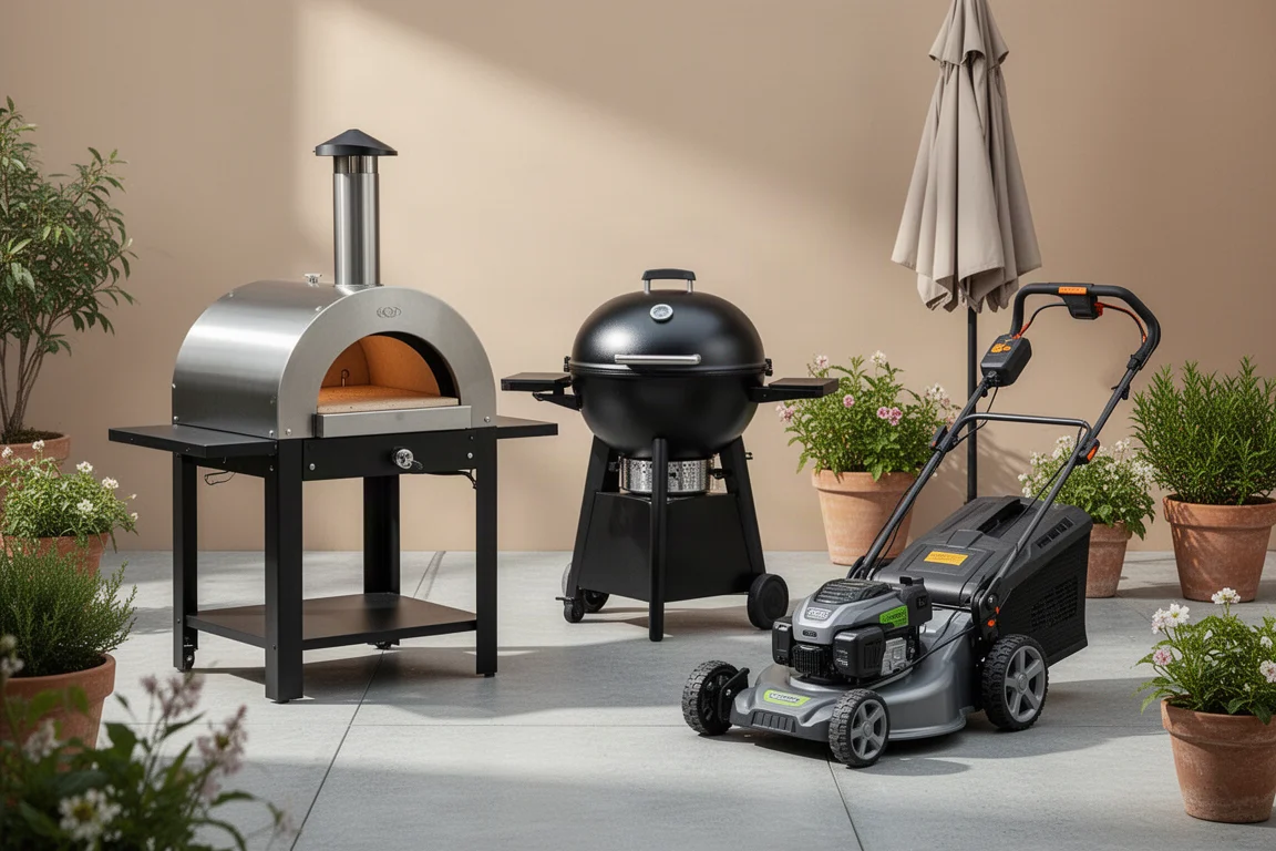 Pizza oven, pellet grill, and electric lawn mower arranged on a concrete patio
