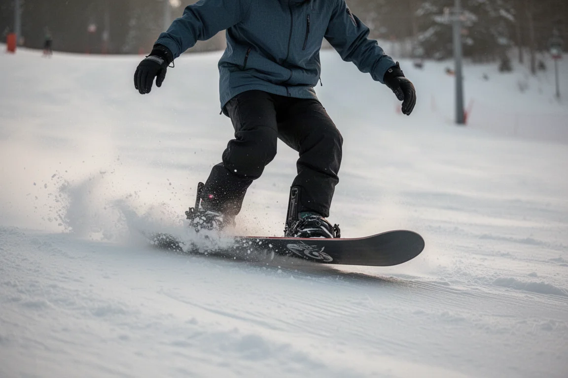 Snowboarder che esegue un butter nose press sulla neve compatta della stazione