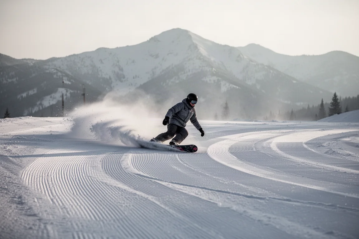 Snowboarder che esegue una curva profonda su pista battuta a velocità moderata