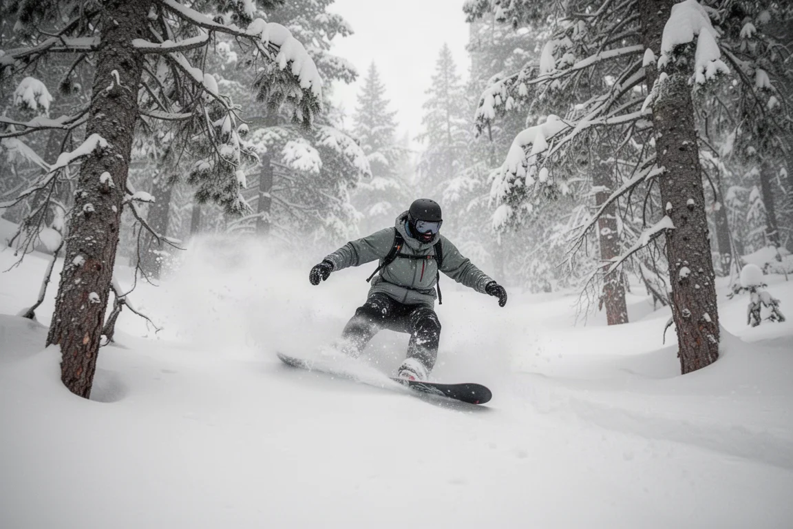 Snowboarder che scia nella neve fresca profonda tra gli alberi