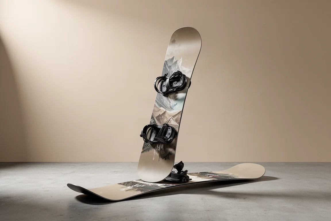 Snowboard direzionale largo da neve fresca in piedi su una superficie di cemento