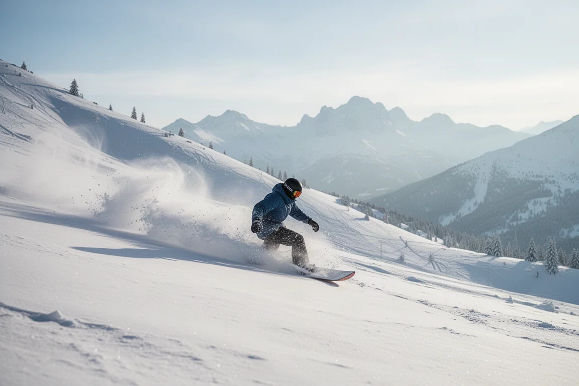 Snowboarder fährt durch tiefen Pulverschnee an einem sonnigen Bergtag