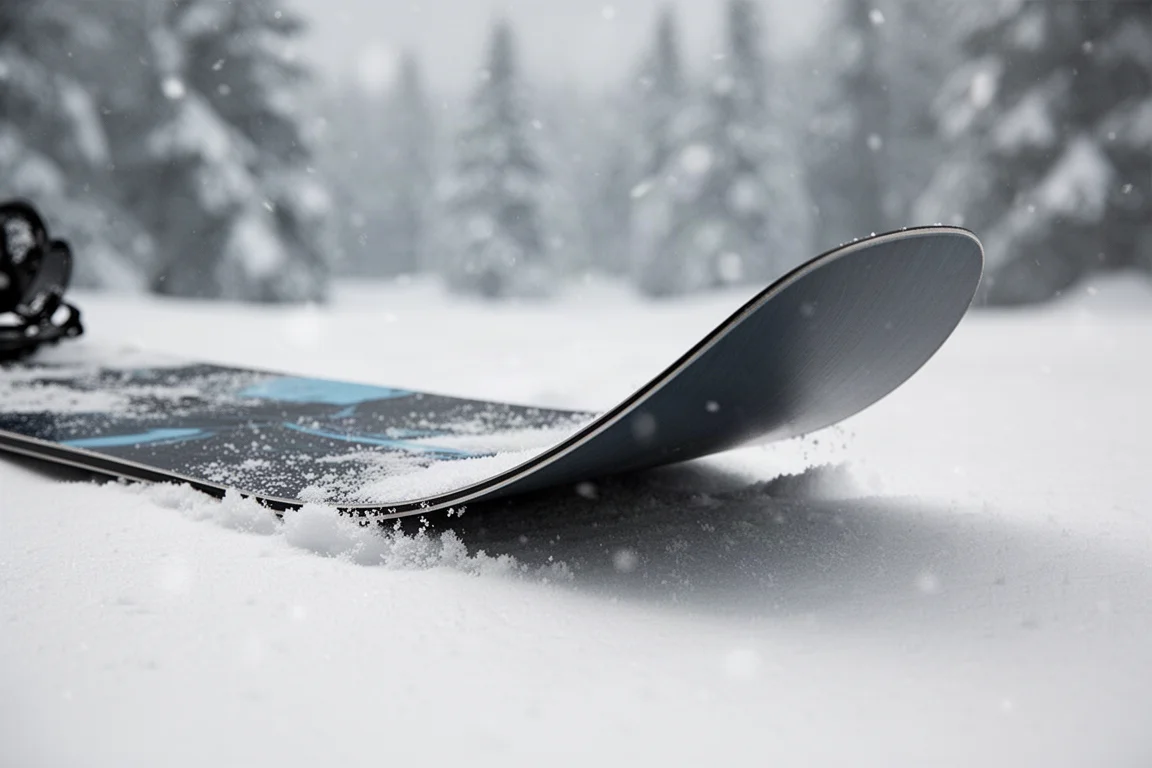 Nahaufnahme eines Snowboard-Tails, der in Pulverschnee eindrückt