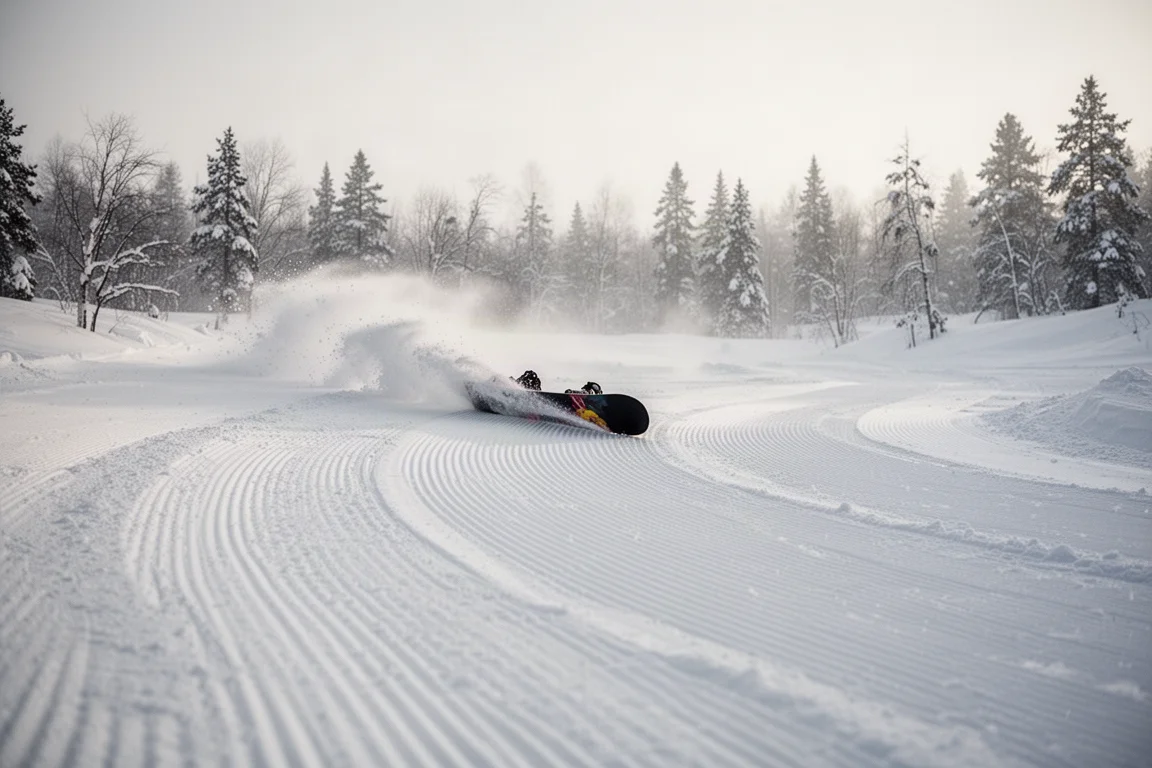 Breite Snowboard-Basis zieht einen langen Schwung auf präpariertem Corduroy