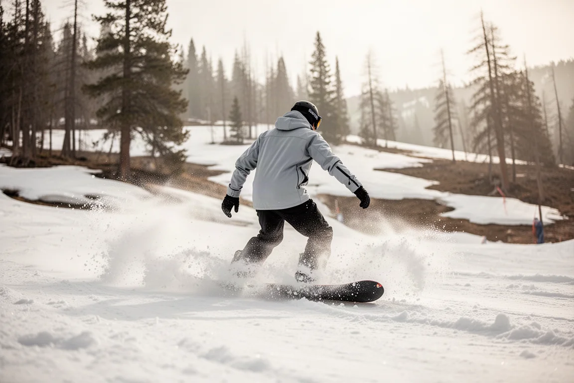 Snowboarder slashing through wet spring slush, sending up a spray of soft snow