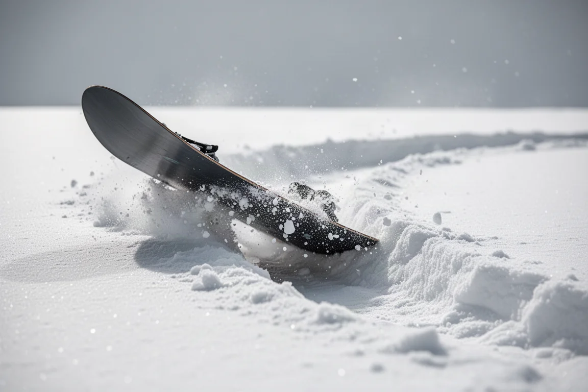 Close-up of a snowboard tail pressed and flexing into soft snow during a butter