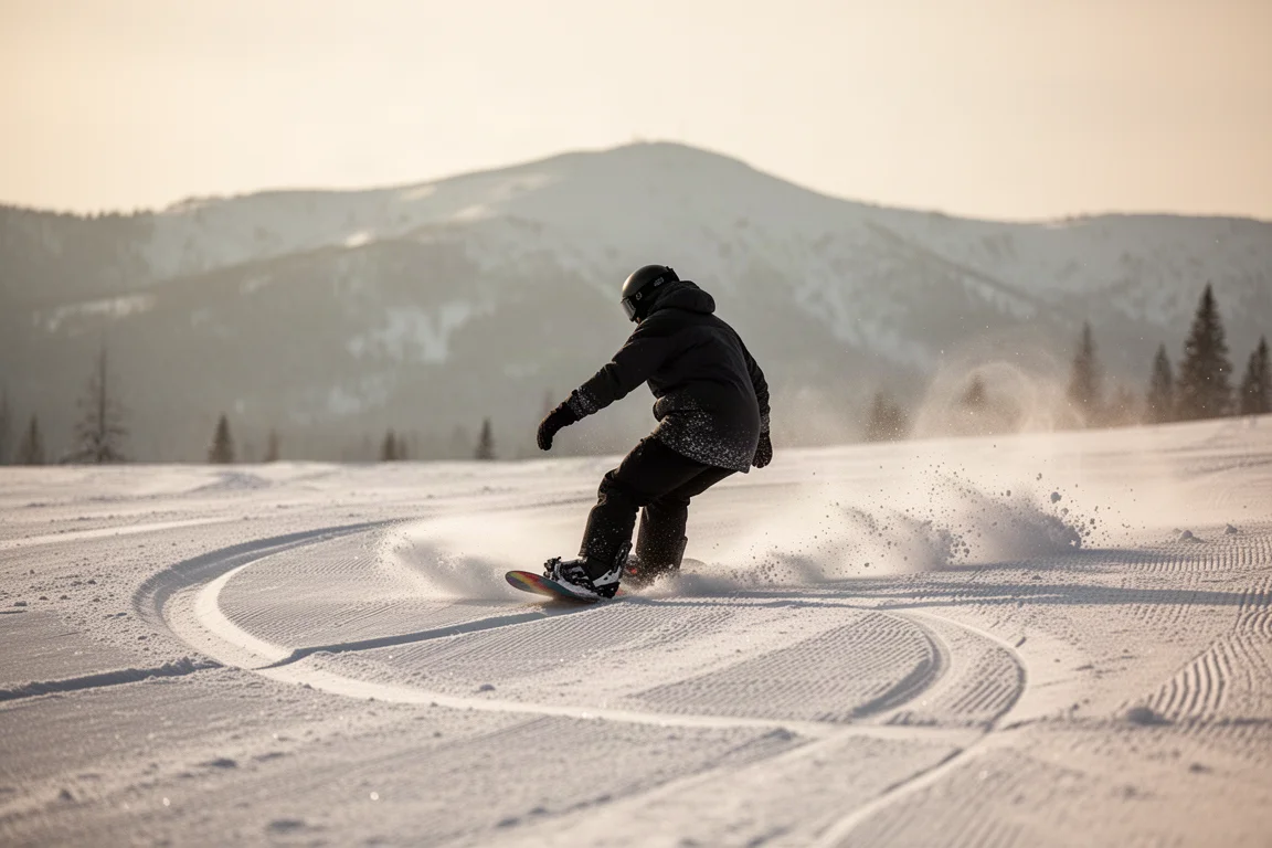 Snowboarder leaning into a carved turn on soft spring groomed snow
