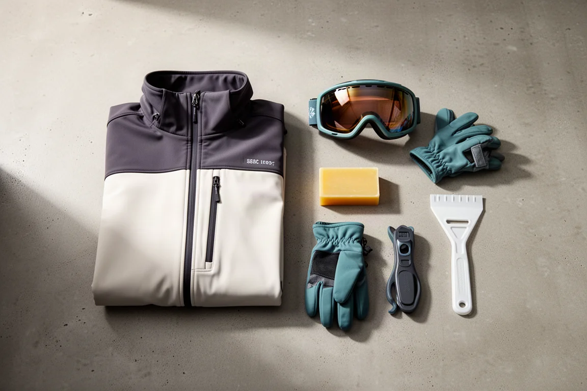 Overhead flat-lay of spring snowboarding gear arranged on a concrete surface