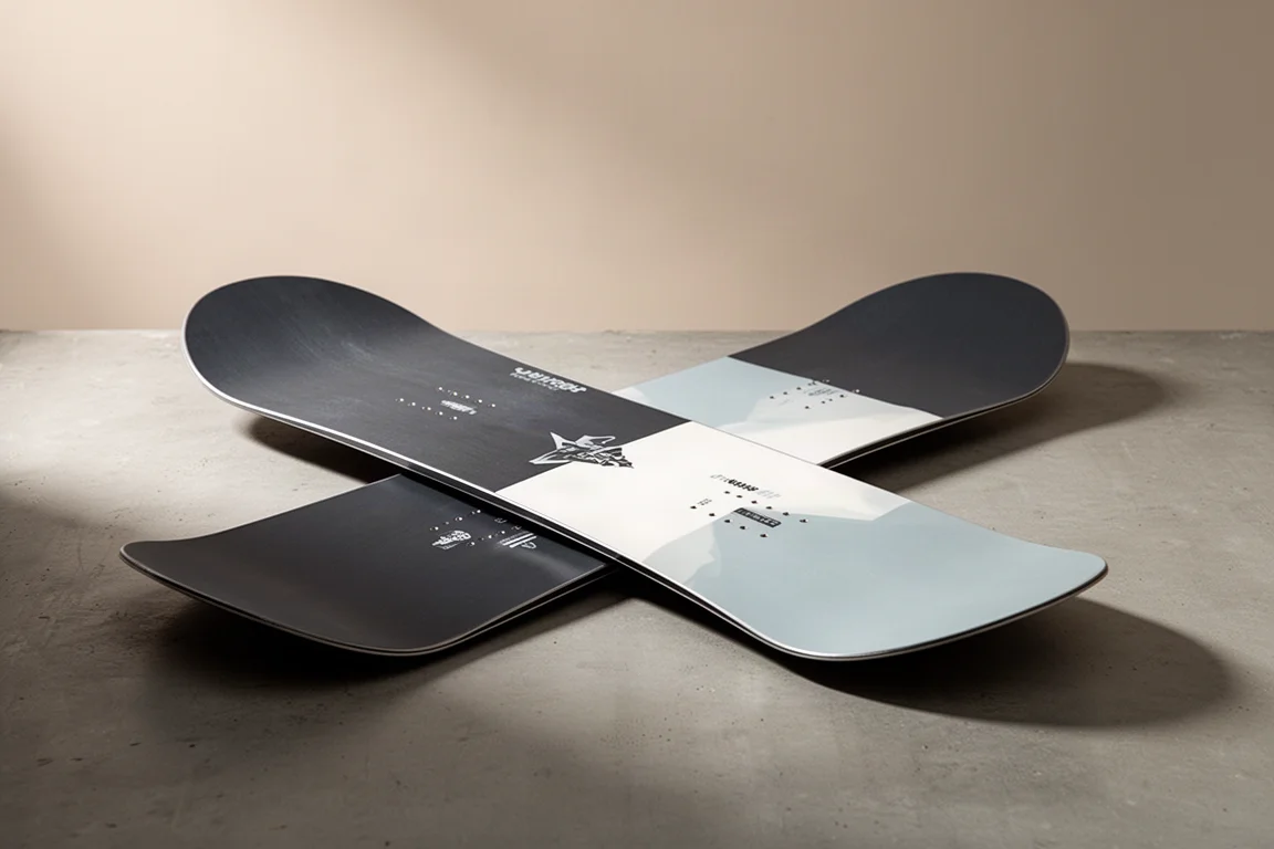 Directional snowboard with rounded nose on a matte concrete surface under soft studio light