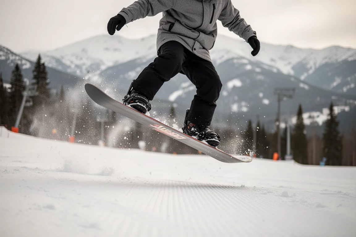 Snowboarder doing a flat-ground butter trick on a resort run