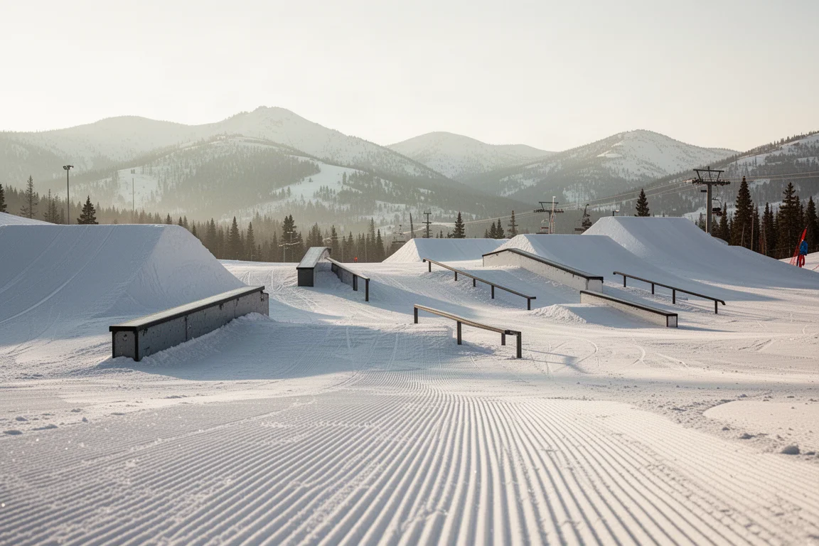 Terrain park jumps and rails under clear morning light