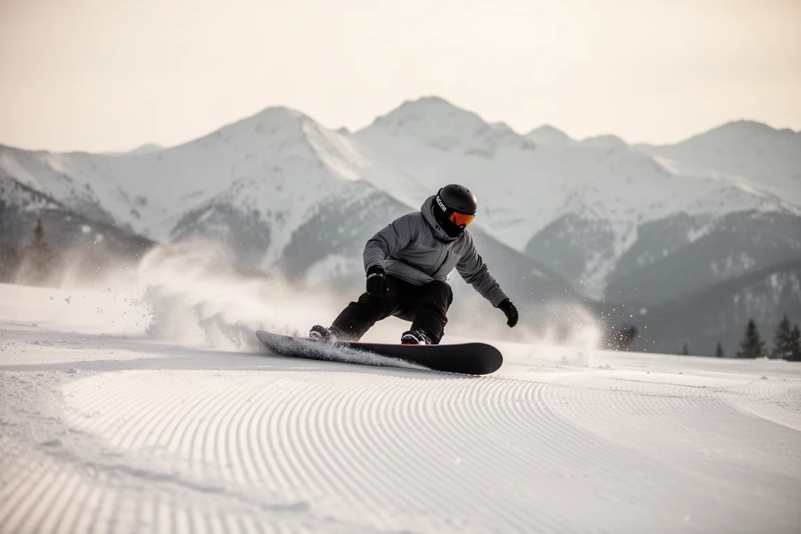 Snowboarder carving a clean turn on groomed corduroy snow