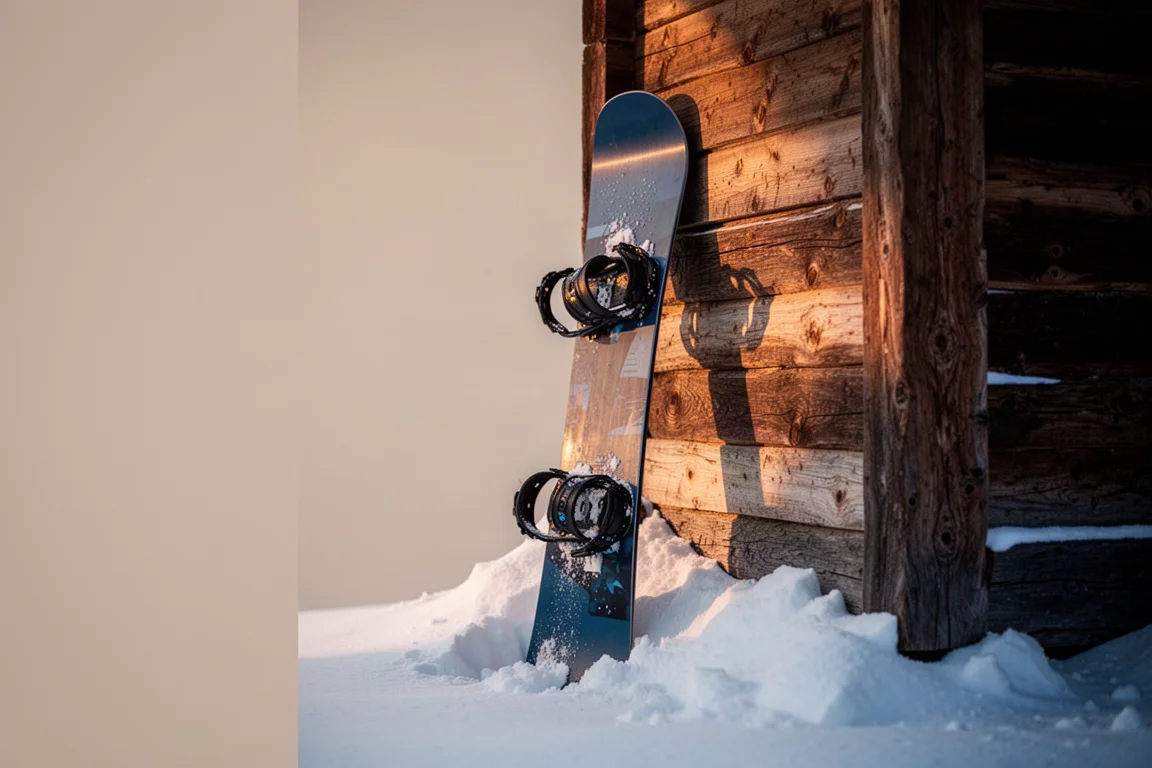 Snowboard leaning against a wooden cabin wall in soft evening light