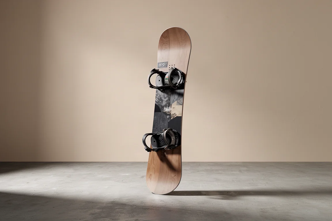 Snowboard standing upright on a matte concrete surface in soft studio light