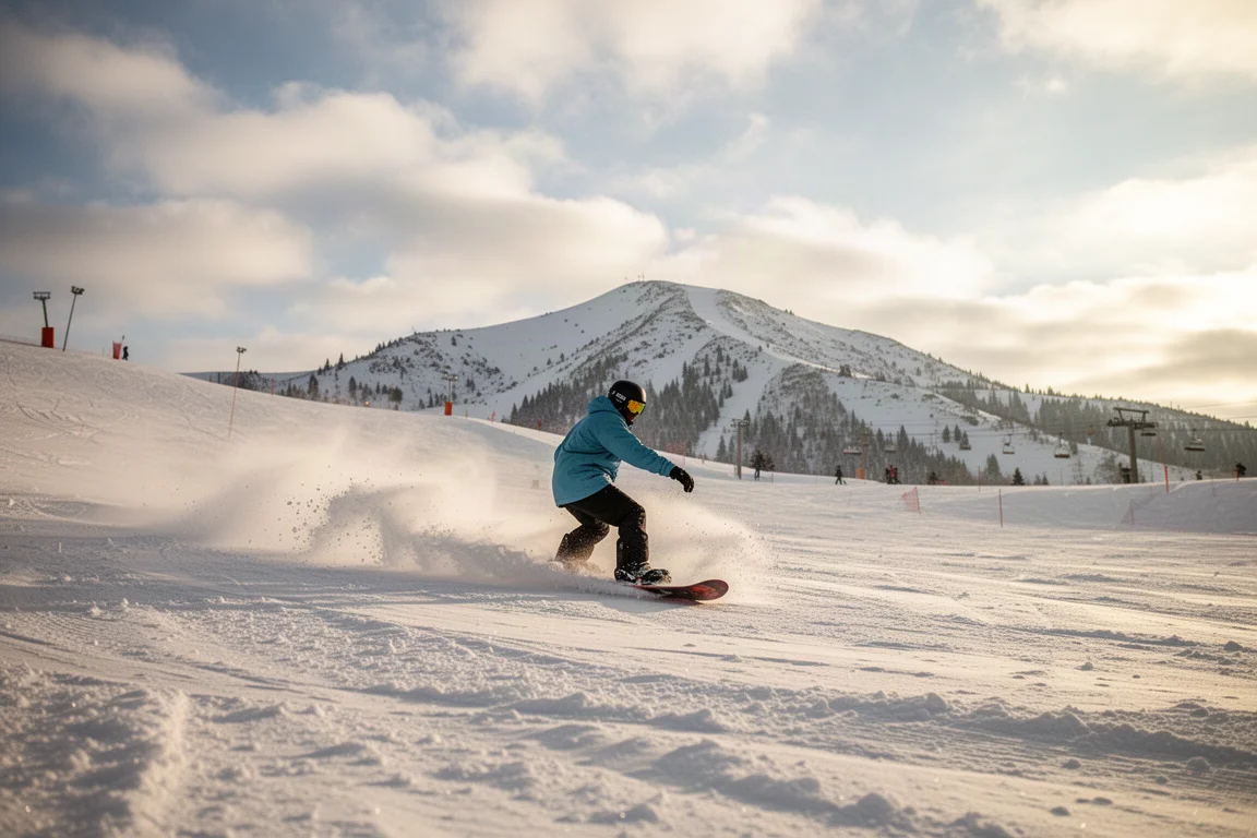 Snowboardzista jadący przez miękki, pokruszony śnieg w słoneczny dzień w ośrodku