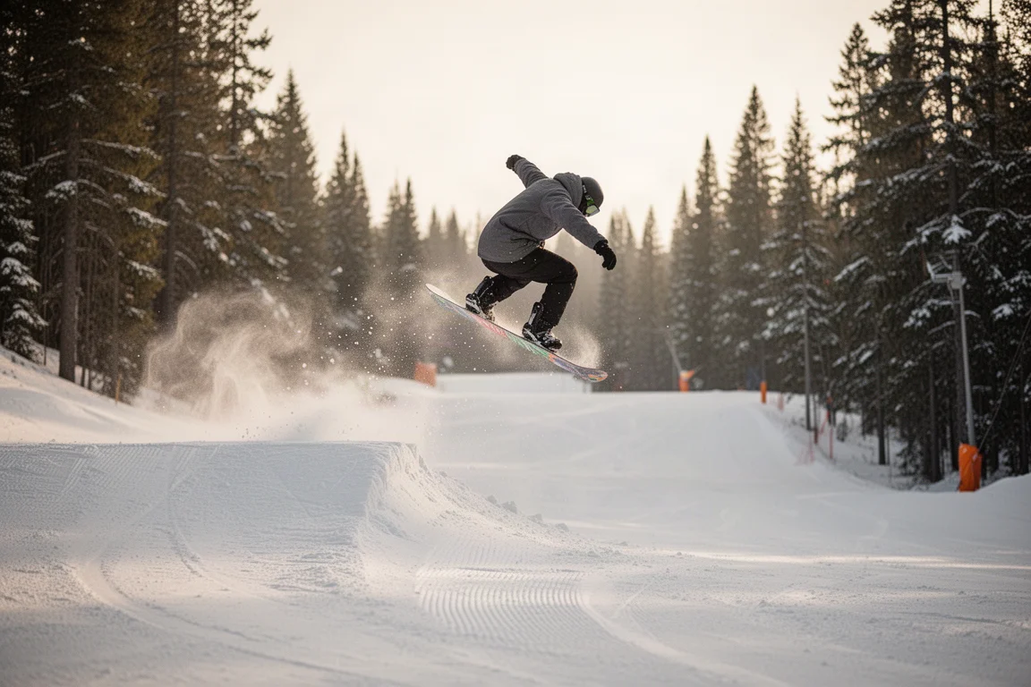 Snowboardzista dociskający nos deski płasko na parkowym elemencie