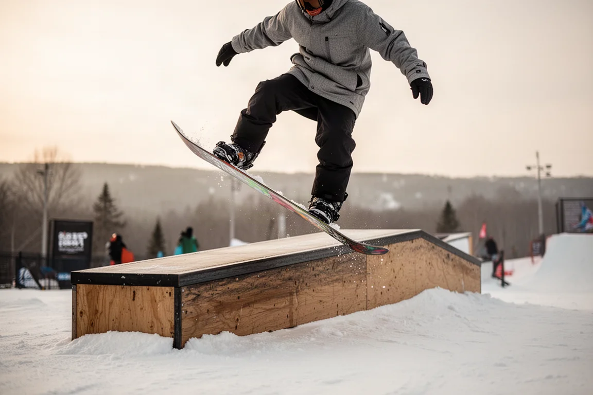 Snowboardzista wyskakujący mały side hit na krawędzi przygotowanej trasy