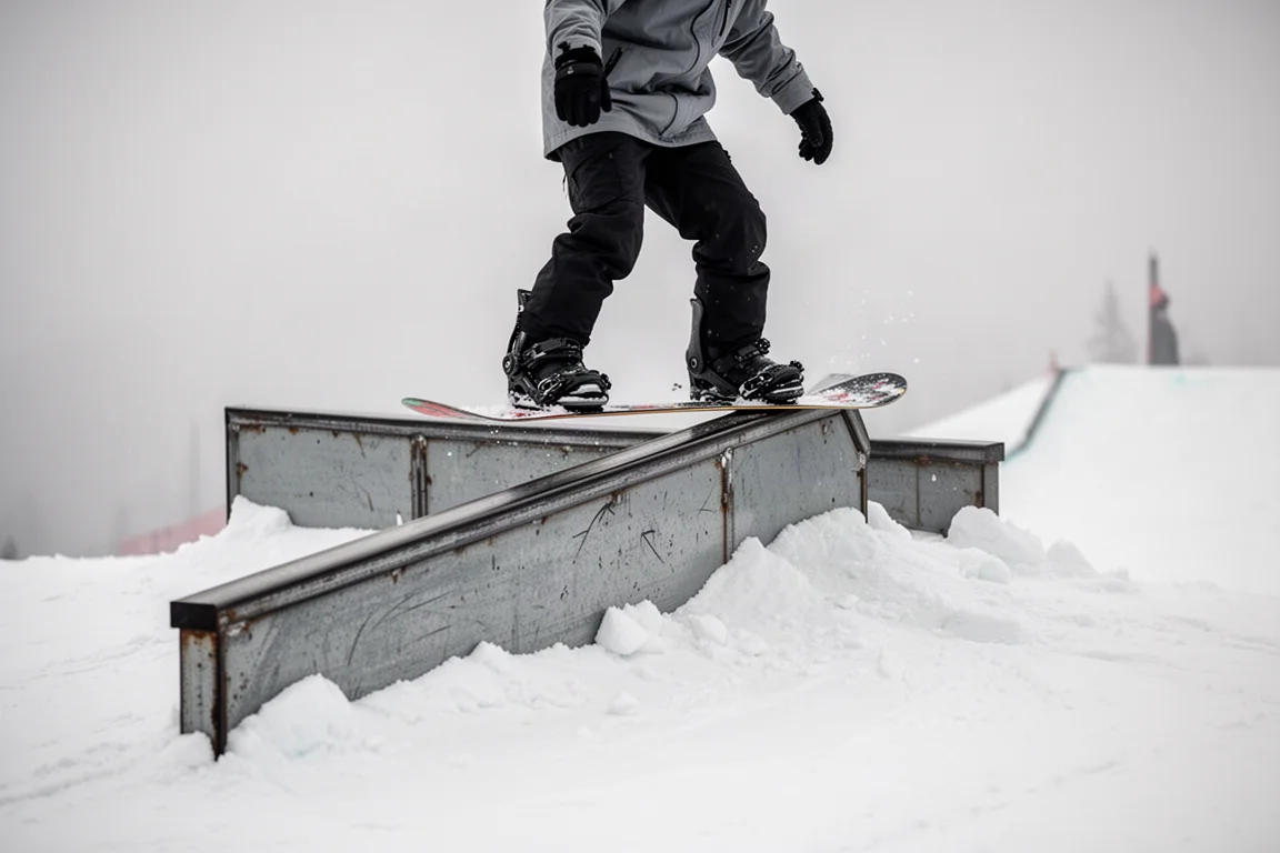Snowboardzista ślizgający się po stalowej rurze w snowparku