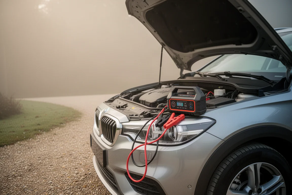 Capot de voiture ouvert dans une allée avec un démarreur portable compact à proximité