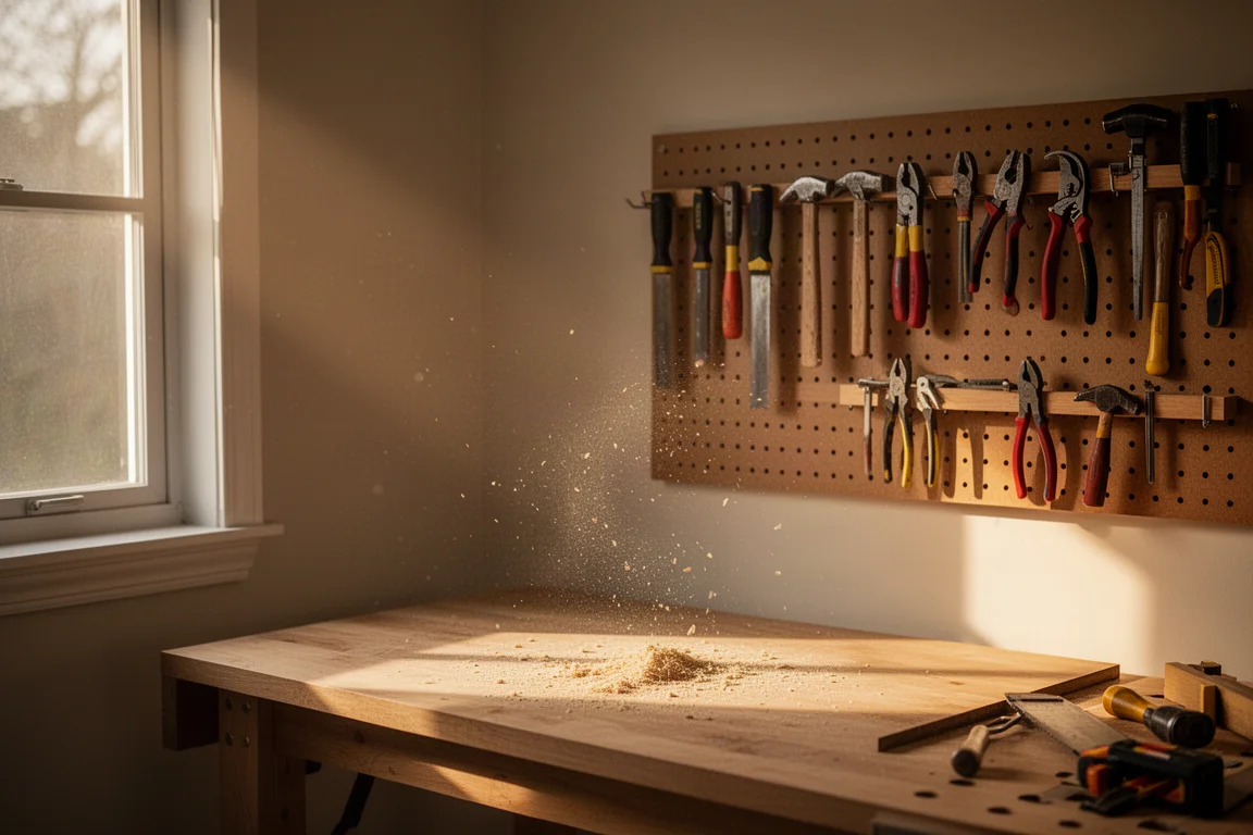 Coin atelier avec établi, panneau perforé et outils à main éparpillés