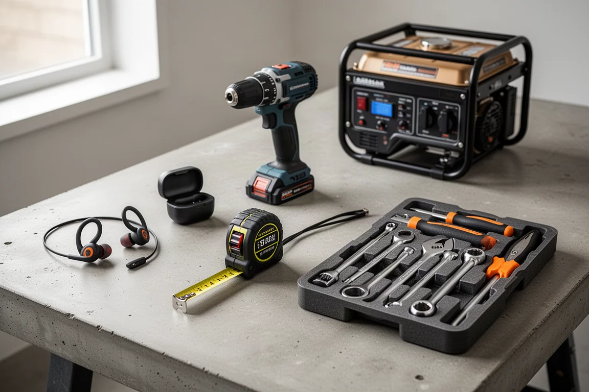 A flat-lay of assorted tools, earbuds, a drill and hand tools on a concrete workbench