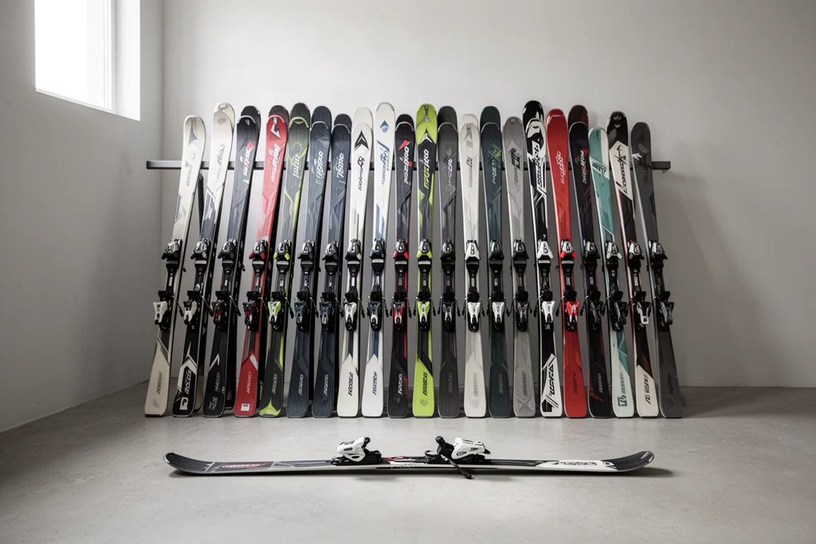Rack of alpine skis in a back room with one ski lying flat in the foreground