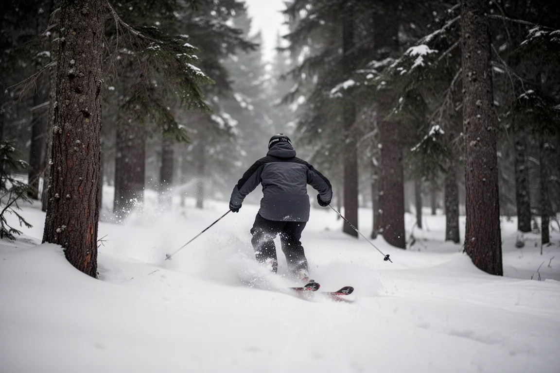 Skier seen from behind weaving through a gladed tree run in fresh snow