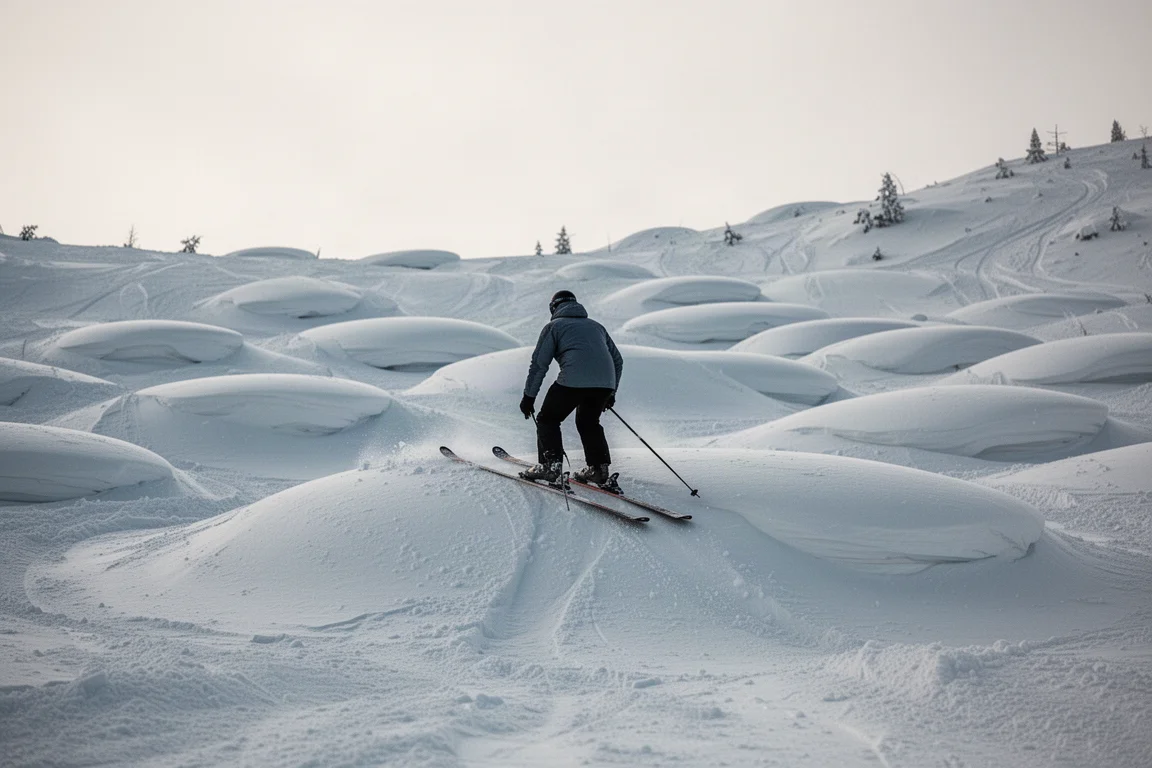 Skier seen from behind on a steep mogul field under flat afternoon light