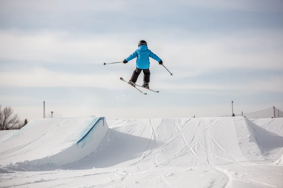 Young skier mid air over a terrain park jump on a warm spring day
