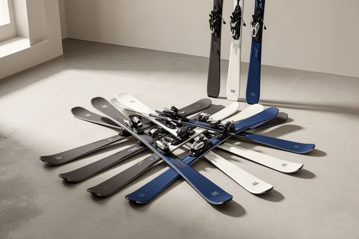 Collection of alpine skis arranged on a pale concrete floor with one pair standing upright