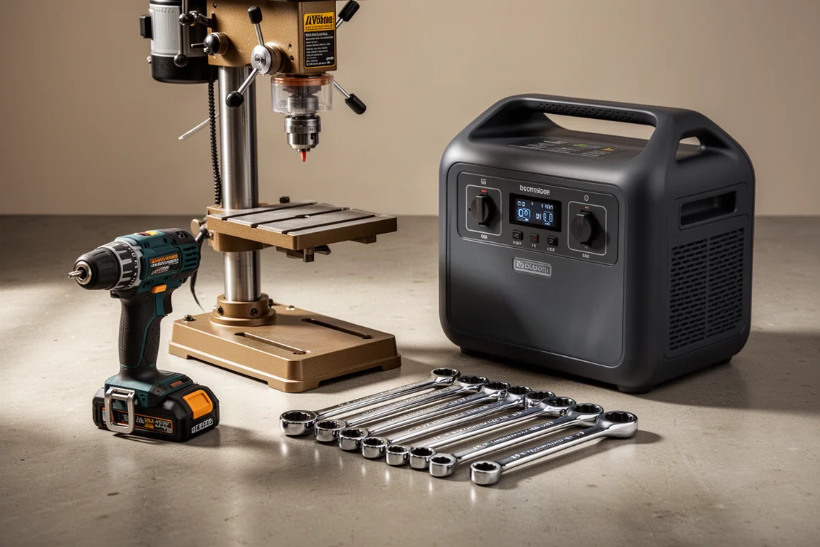 Workshop gear spread including a drill press, drill, ratchets, and a power station on concrete