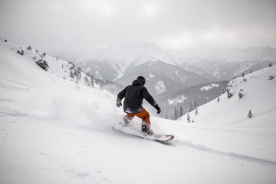 Snowboarder fährt abseits der Piste durch Tiefschnee, mit Ski-Brille auf